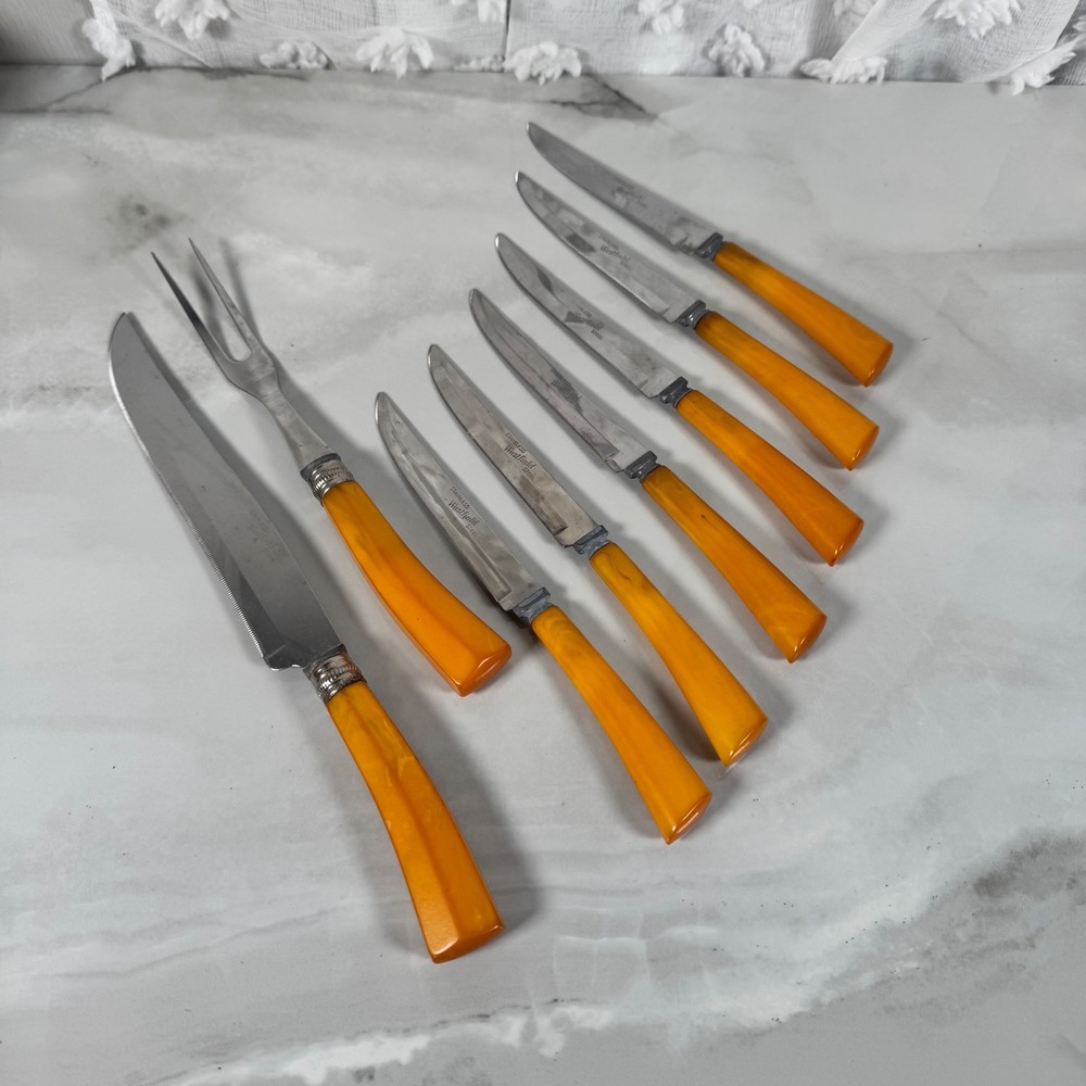 Westfield Stainless Carving Knife Fork 6 Steak Knives Set Butterscotch Bakelite